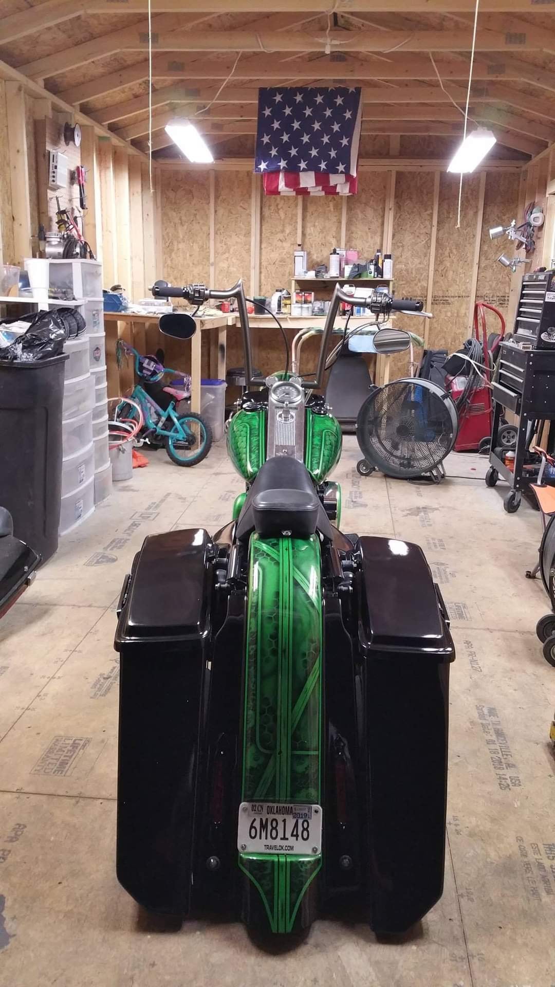 Custom green and black Harley bagger — rear view in garage