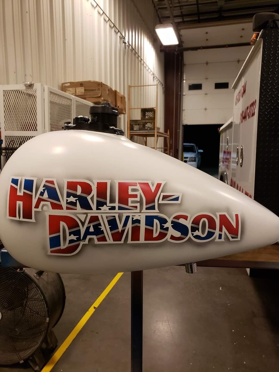 Harley-Davidson tank with custom flag lettering
